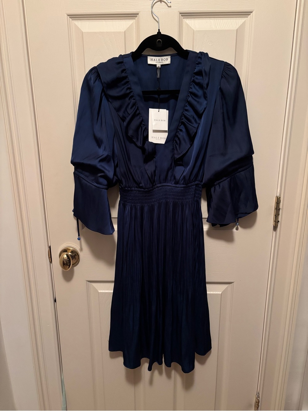 Hale Bob Midnight Navy Ruffle V-Neck Midi Dress